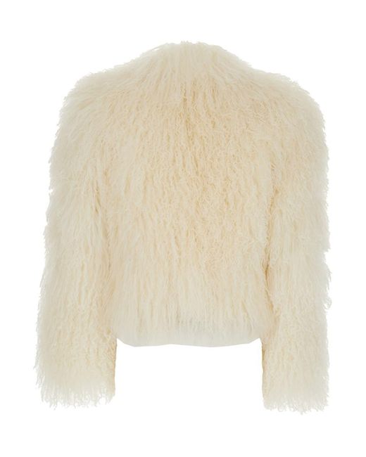 Plain Natural White Cropped Fur Jacket With Concealed Front Closure In Shearling Fur Woman