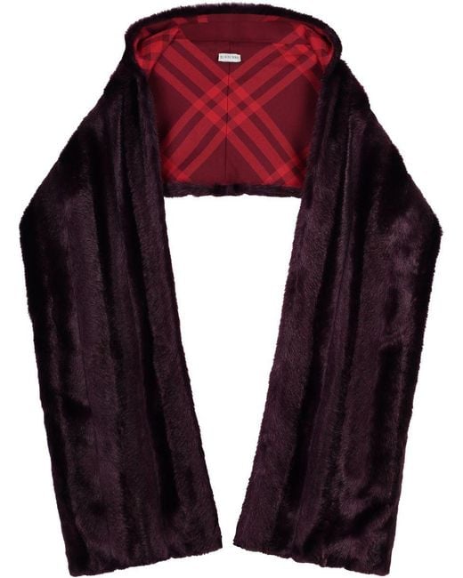 Burberry Hooded Faux Fur Scarf With Check Motif Lining in Red for Men Lyst UK