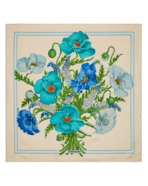 Ferragamo Blue Poppies Print Silk Foulard