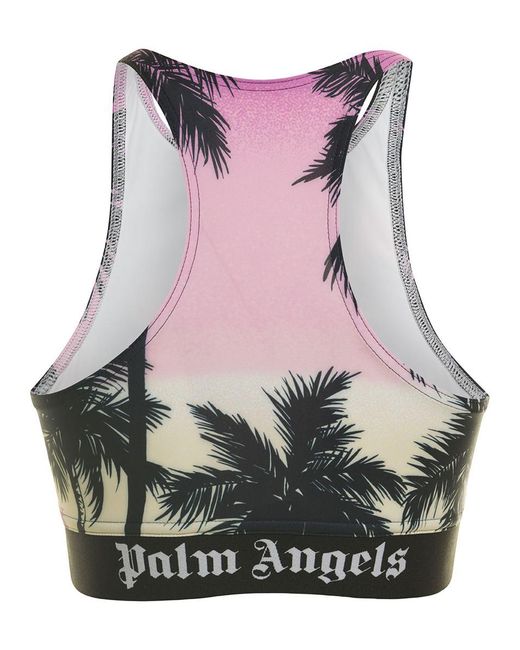 Palm Angels Pink Sports Bra With All-over Graphic Print And Elastic Band In Stretch Fabric