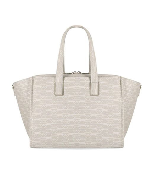 Emporio Armani White Monogram Natural Medium Shopping Bag