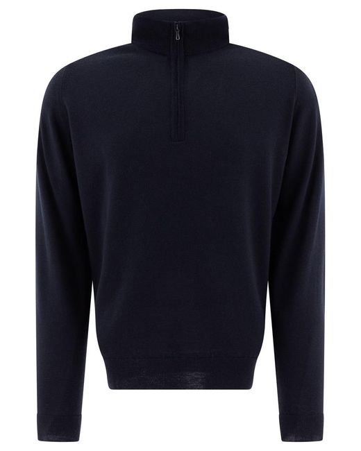 John Smedley Blue Merino Wool "Tapton" Half-Zip Sweater for men