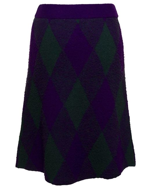 Burberry Blue Midi Purple Skirt With Argyle Print In Wool