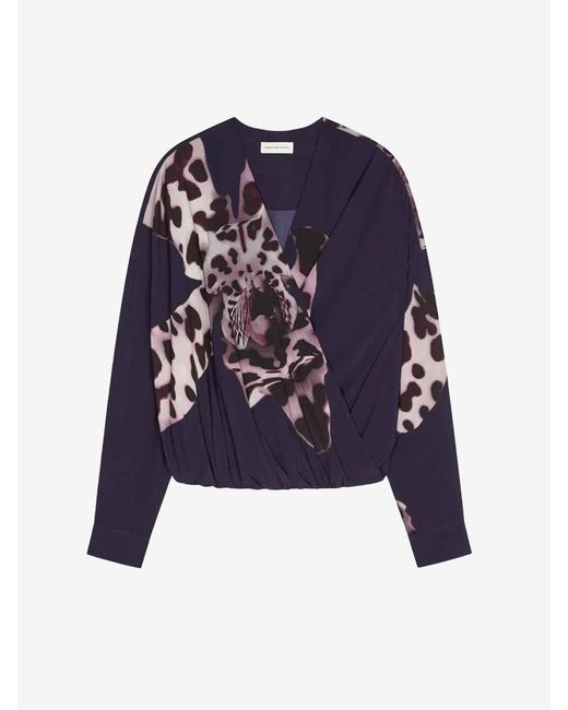 Dries Van Noten Blue Floral Draped Blouse