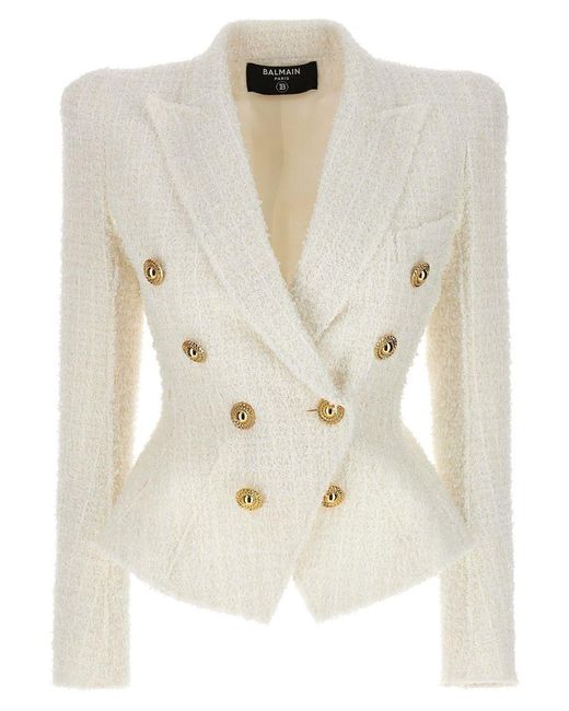 Balmain White Double-Breasted Tweed Blazer With Logo Buttons