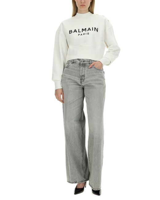 Balmain Gray Logo Cotton Sweatshirt