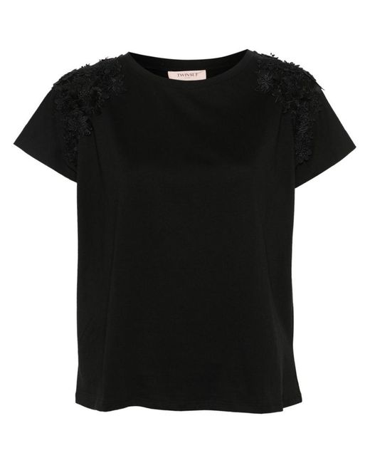 Twin Set Black Cotton T-Shirt With Flower Appliqué