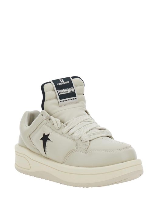 Rick Owens White 'Turbowpn' Low Top Sneakers With Logo Detail And Elongated Tongue
