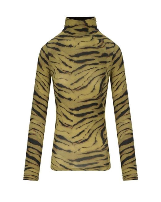 Ganni Green Khaki Zebra Print Turtleneck Top