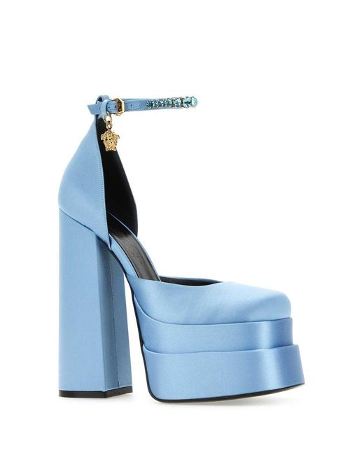 Versace Blue Medusa Aevitas Embellished Satin Platform Sandals
