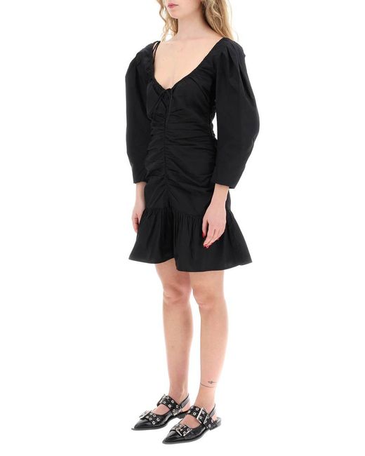 Ganni Black Mini Poplin Dress With Curved Sleeves
