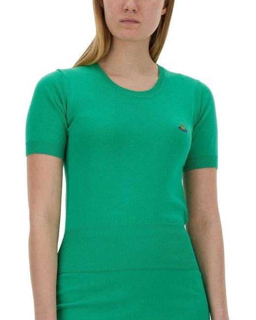 Vivienne Westwood Green Fitted Short-Sleeve Knit Top With Ribbed Detailing
