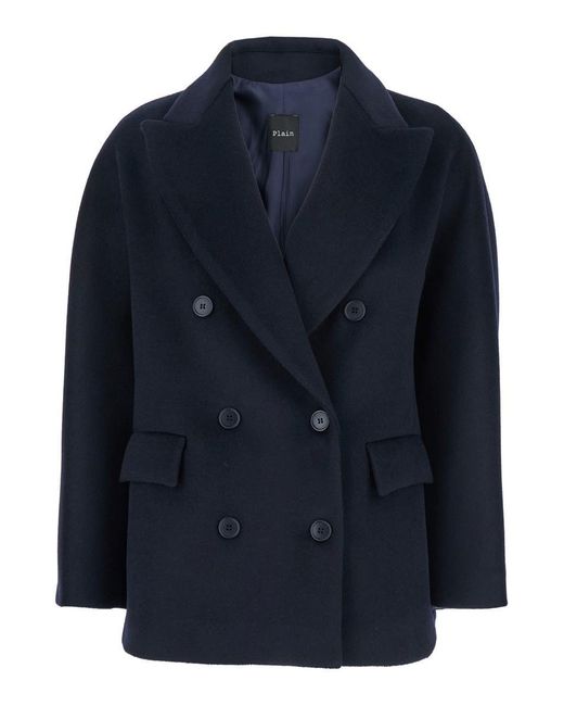 Plain Blue Short Peacoat Double Breasted