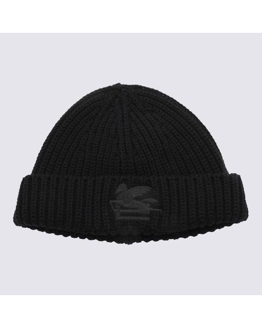 Etro Black Wool Logo Beanie Hat
