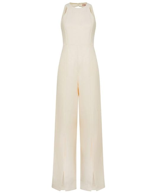 Twin Set White Long Linen And Viscose Jumpsuit With Slits