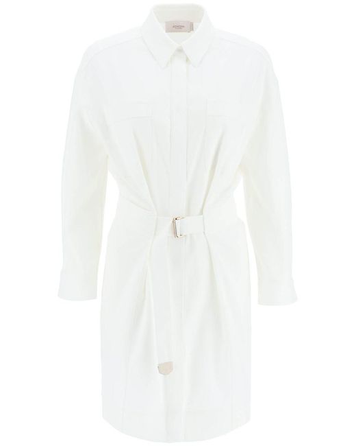 Agnona White Belted Twill Shirt Dress