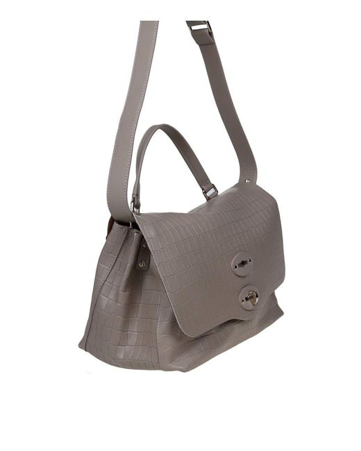 Zanellato Gray Croco Print Leather Bag That Can Be Carried By Hand Or Over The Shoulder
