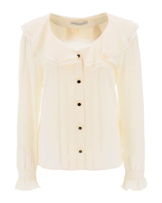Alessandra Rich Natural Crepe De Chine Blouse With Frills
