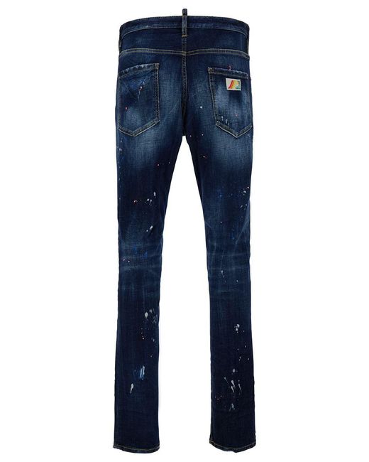 DSquared² 'cool Guy' Blue Five-pocket Jeans With Rips And Paint Stains In Stretch Cotton Denim Man for men