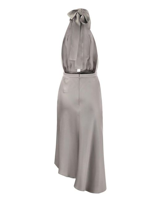 Elisabetta Franchi Gray Satin Midi Dress With Asymmetric Skirt