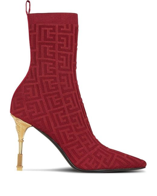 Balmain Red Moneta-monogram 95mm Knit Ankle Boots