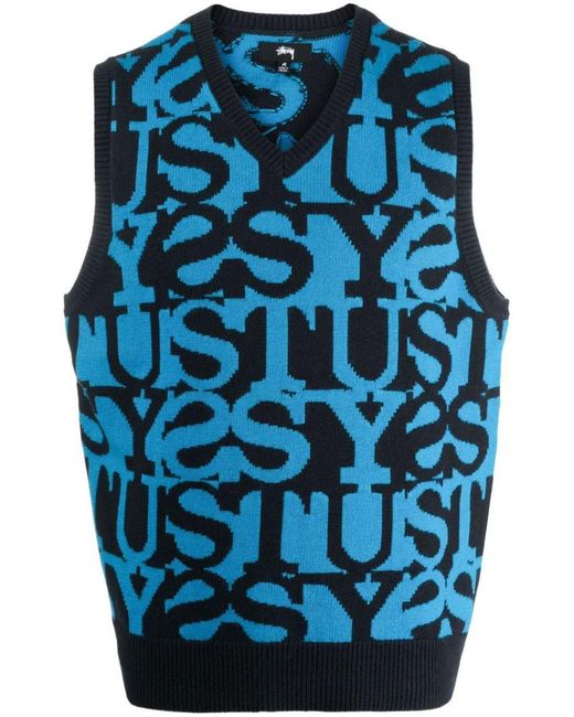 Stussy Blue Intarsia-knit Logo V-neck Vest for men