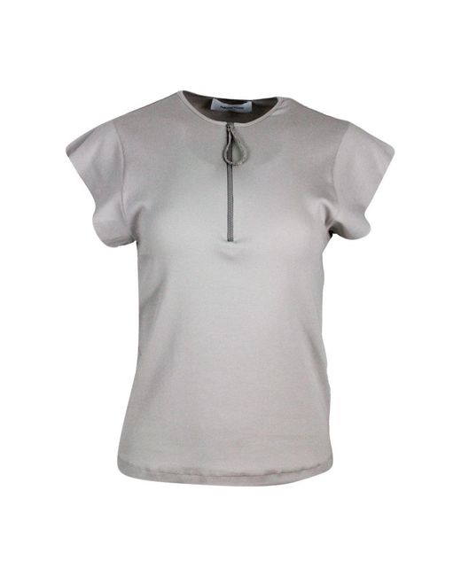 Fabiana Filippi Gray Short-Sleeved Round-Neck Cotton Jersey T-Shirt With Zip And Embellished With Rows Of Brilliant Jewels On The Zip Puller