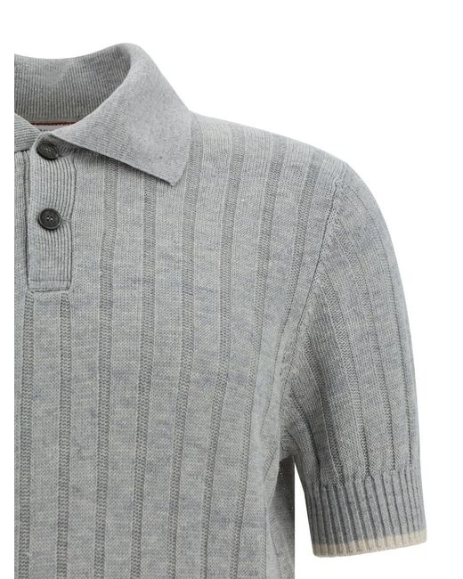 Brunello Cucinelli Gray Ribbed Knit Polo Shirt for men