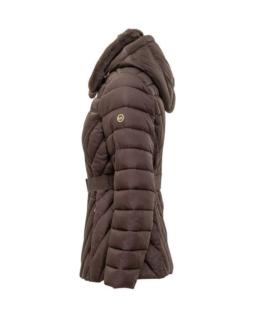 Michael Kors Brown Down Jacket With Belt And Fur Collar