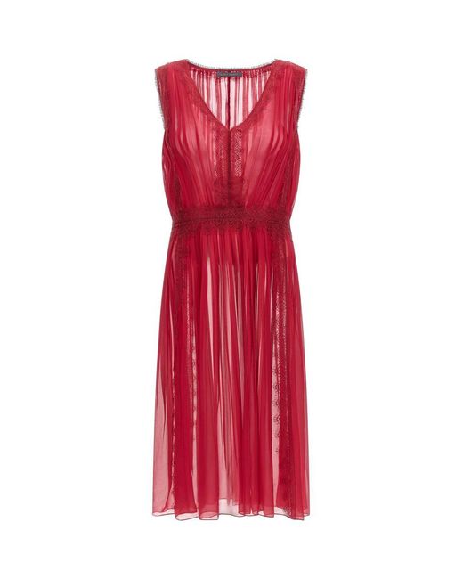 Alberta Ferretti Red Lace Detailed Sleeveless Midi Dress