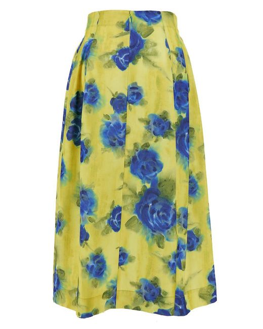 Marni Midi Yellow Skirt With All-over Contrasting Idyll Print In Taffetà Woman