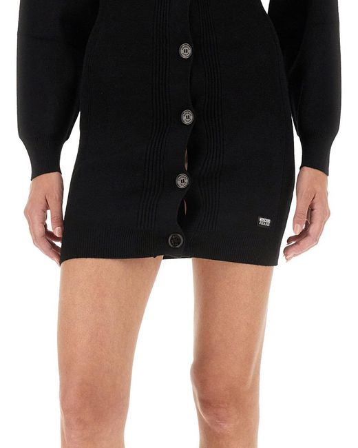 Moschino Black Ribbed Mini Dress With Button-Down Front