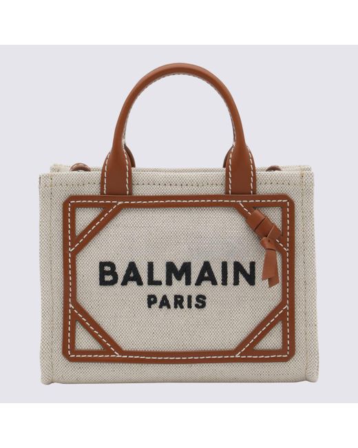 Balmain Natural Canvas And Brown Leather B-army Shopper Mini Bag