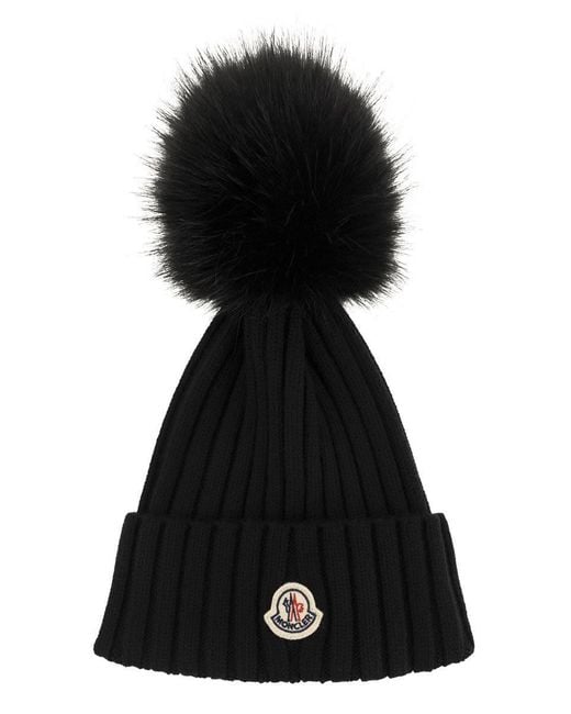 Moncler Black Wool Cap With Synthetic Pompom