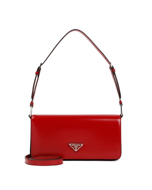 Prada Leather Logo Plaque Detail Shoulder Bag in Red | Lyst