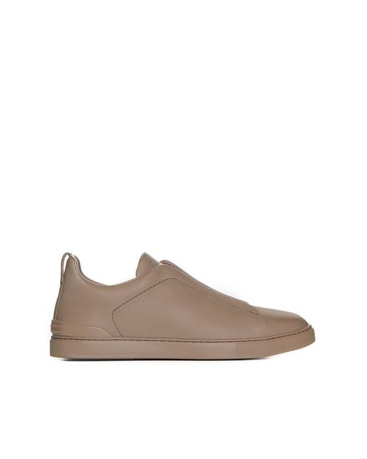 Zegna Brown Triple Stitch Leather Sneakers for men