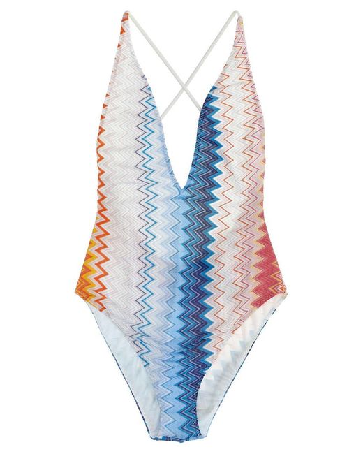Missoni Blue Zig Zag Lamé One-Piece Swimsuit