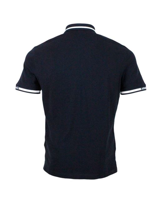 Armani Exchange Blue Hort-Sleeved Pique Cotton Polo Shirt With Zip Closure And Writing On The Collar for men