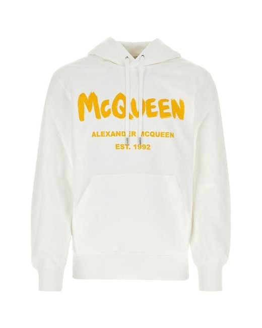 Alexander McQueen Logo Printed Drawstring Hoodie in White for Men