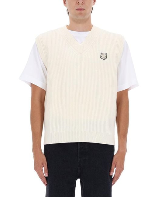 Maison Kitsuné White Ribbed Vest With Fox Patch for men