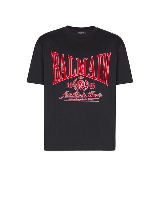 Balmain Red Short-Sleeved T-Shirt With Flocked College Print for men
