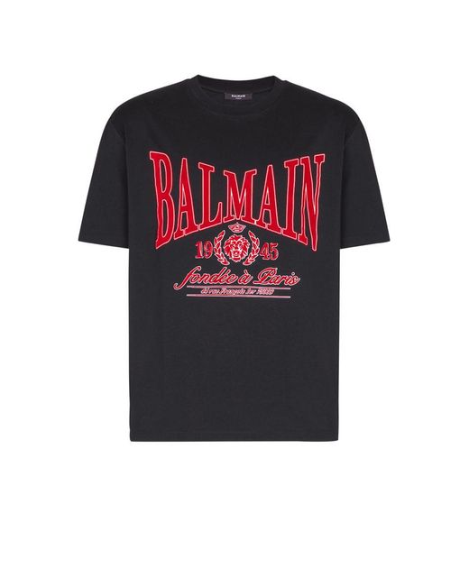 Balmain Red Short-Sleeved T-Shirt With Flocked College Print for men