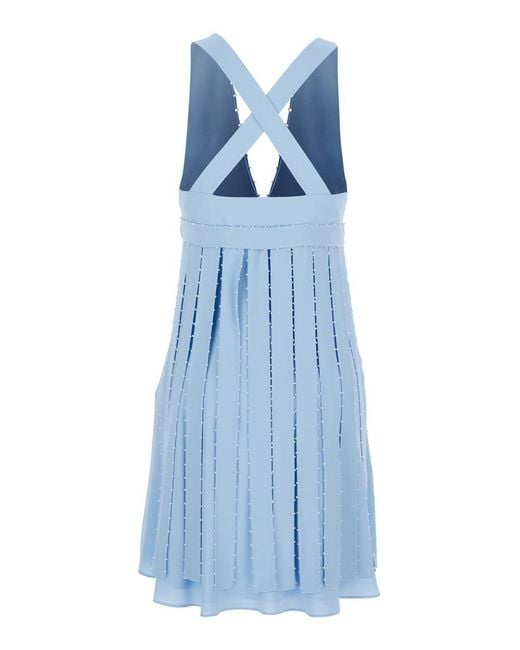 Giovanni bedin Blue Light Sleeveless Midi Dress With V Neck And Pearl Embellishments