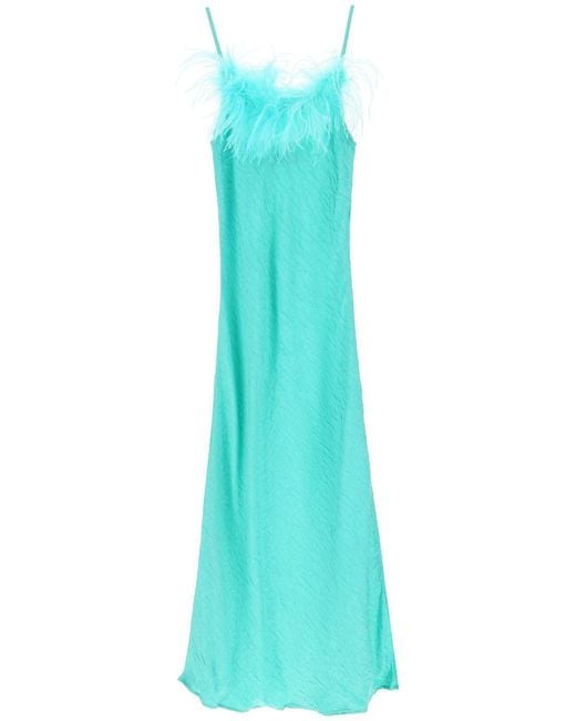 Art Dealer Blue 'ella' Maxi Slip Dress In Jacquard Satin With Feathers