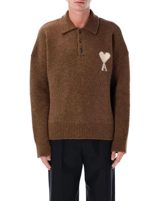 AMI Brown Wool Polo Sweater With De Coeur Logo for men