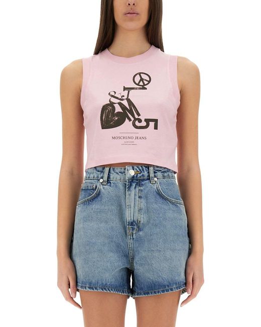 Moschino Blue Cropped Top With Print