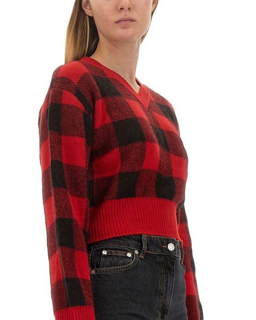 Moschino Cropped V-Neck Sweater With Checkered Pattern