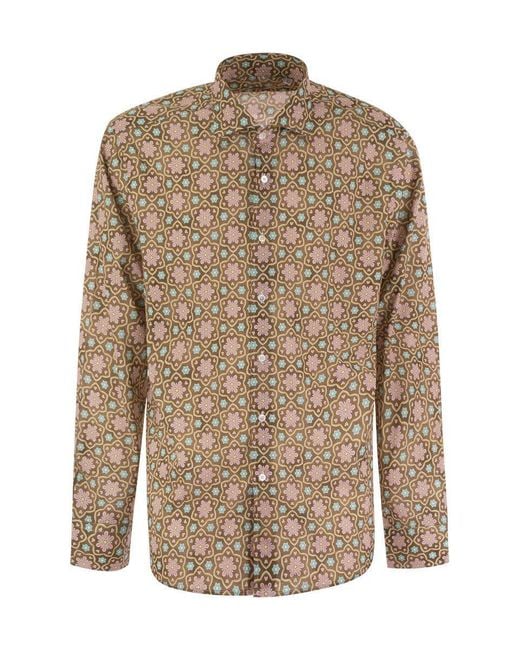 Fedeli Brown Printed Stretch Cotton Voile Shirt for men