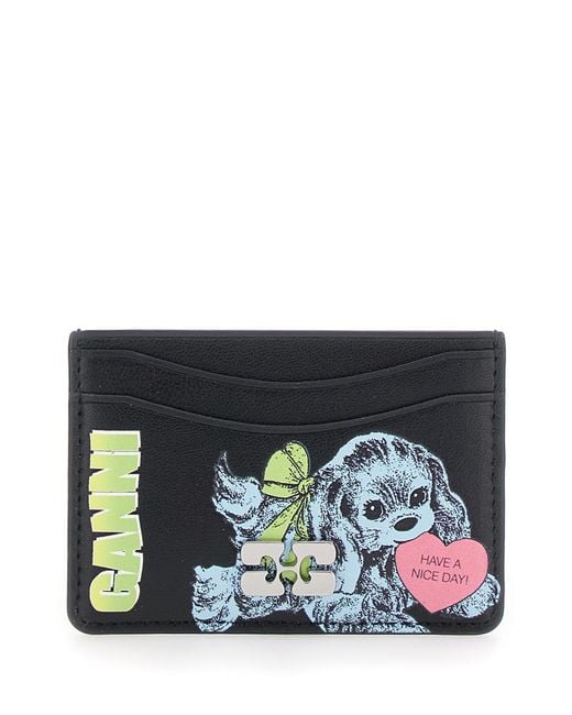 Ganni Gray Black Card Holder With Graphic Print On The Front In Leather Blend Woman