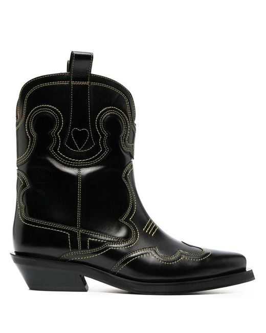 Ganni Black Leather Western Boots